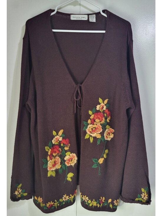 Victoria Jones Woman Sweaters - VTG Women's 1X Cardigan Sweater Brown Floral Boho Hippie Cottage Core Fairy